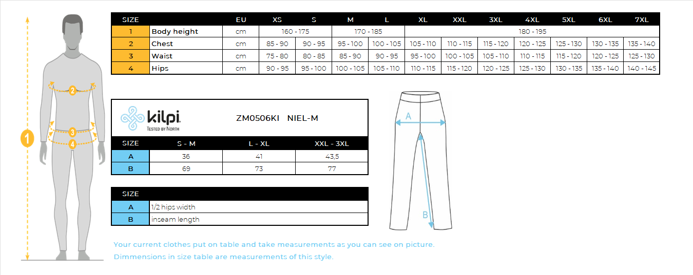 Men's seamless thermal pants Kilpi NIEL-M – Size chart