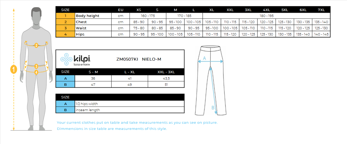 Men's seamless base layer 3/4 pants Kilpi NIELO-M – Size chart