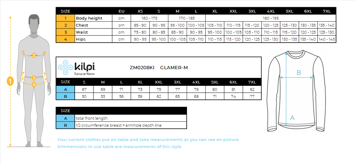 Men's fleece sweatshirt Kilpi GLAMER-M – Size chart