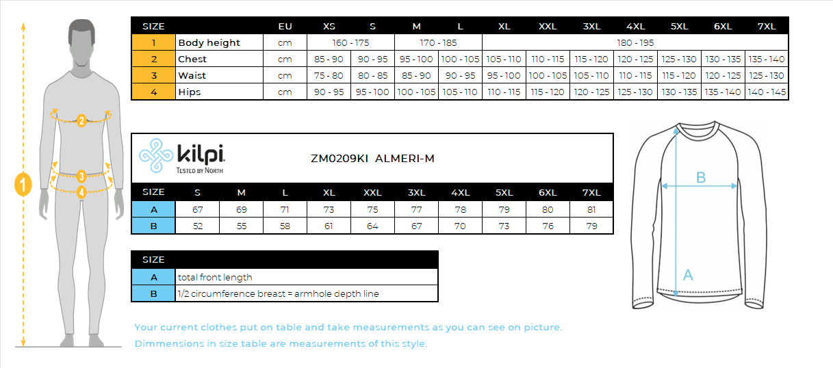 Men's fleece sweatshirt Kilpi ALMERI-M – Size chart